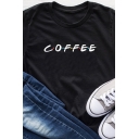 Womens Popular COFFEE Letter Printed Short Sleeve Crew Neck Summer T-Shirt