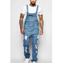 Men's Leisure Ripped Detail Multi Pockets Loose Fit Light Blue Overall Jeans