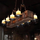 Wood Candle Island Lamp Warehouse 8 Lights Restaurant Linear Chandelier in Beige