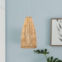 1 Head Teahouse Ceiling Lamp Asia Khaki Hanging Light Fixture with Bell Bamboo Shade