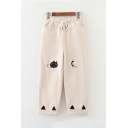 Preppy Style Cute Cat Letter Embroidery Drawstring Waist Loose Fit Daily Pants with Pocket