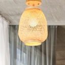 1 Bulb Lantern Semi-Flush Mount Japanese Bamboo Close to Ceiling Lighting in Beige