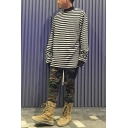 Black and White Stripe Printed Long Sleeves Mock Neck Loose Fit Casual Sweatshirt