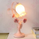 Floral Frosted Glass Table Light Country Style 1 Head Restaurant Nightstand Lamp in White/Pink/Blue