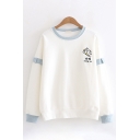 Fancy Embroidered Duck Chinese Letter Printed Long Sleeves Contrast Trim Pullover Sweatshirt