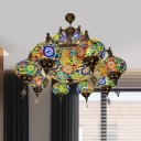 Bronze 19 Heads Chandelier Lighting Vintage Stained Glass 3 Layer Hanging Ceiling Light