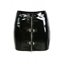 Black Cool High Waist Buckle Detail Zipper Front Leather Mini Bodycon Skirt for Ladies