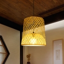 1 Bulb Dining Room Pendant Lamp Asia Beige Hanging Light Fixture with Barrel Bamboo Shade