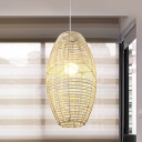 Beige Oval Ceiling Lamp Asian 1 Head Bamboo Hanging Pendant Light for Restaurant