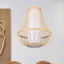 Teardrop Hanging Light Asia Bamboo 1 Head Wood Ceiling Suspension Lamp with Inner Cylinder White Parchment Shade