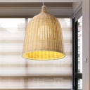Bell Down Lighting Chinese Bamboo 1 Bulb Beige Ceiling Suspension Lamp, 12