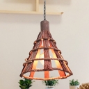 Tapered Wood Pendant Lamp Asian 1 Bulb Brown Ceiling Hanging Light with Adjustable Chain