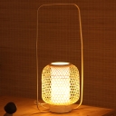 Beige Lantern Task Lamp Asian 1 Head Bamboo Desk Light with Inner Cylinder White Parchment Shade
