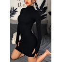 Edgy Women Solid Color Gloves Long Sleeve High Neck Mini Bodycon Dress