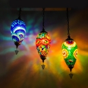 3 Lights Waterdrop Cluster Pendant Art Deco Blue/Green/Blue and Red Stained Glass Hanging Light Kit for Coffee House