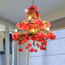 7 Bulbs Metal Chandelier Lighting Retro Rose Red Cherry Blossom Restaurant LED Hanging Ceiling Light