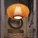 Handcrafted Ceiling Light Japanese Bamboo 1 Head Beige Pendant Lighting Fixture, 14