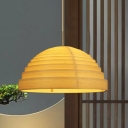 1 Bulb Dining Room Hanging Lamp Asian Beige Ceiling Pendant Light with Hemisphere Wood Shade
