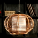 Coffee Curved Drum Hanging Light Asia 1 Head Rattan Ceiling Suspension Lamp with Inner Cylinder White Parchment Shade