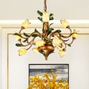 Frosted Glass Brass Hanging Chandelier Floral 12 Lights Countryside Down Lighting Pendant for Bedroom