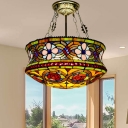 Floral Semi Flush Mount Tiffany Style Stained Glass 5 Lights Brown Ceiling Light Fixture