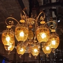 8 Bulbs Pendant Chandelier Traditional Restaurant Hanging Ceiling Light with Urn Dimpled Glass Shade in Gold