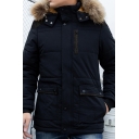 Men's Leisure Fashion Long Sleeve Zip Up Fur Trimmed Hood Warm Parka Coat