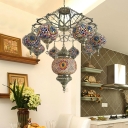 Traditional Oval Chandelier Pendant 9 Heads Blue/Red Stained Glass Hanging Ceiling Light