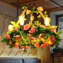 Black Bare Bulb Chandelier Pendant Light Industrial Metal 6 Heads Restaurant LED Hanging Lamp with Flower Decoration