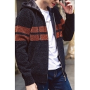 Classic Stripe Printed Long Sleeve Zip Placket Knitted Cardigan Coat with Hood