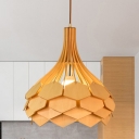Wide Flare Pendant Lighting Chinese Wood 1 Bulb Ceiling Suspension Lamp in Beige