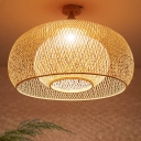 Wood Domed Semi-Flush Mount Chinese 1 Head Bamboo Ceiling Light Fixture for Living Room