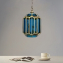 Jar Shape Bedroom Hanging Lighting Traditional Blue Glass 1 Bulb Brass Ceiling Lamp