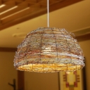 1 Head Bedroom Ceiling Light Asia Flaxen Suspended Lighting Fixture with Dome Rattan Shade