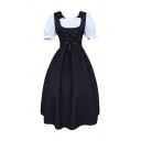 Medieval Puff Sleeve Lace-Up Front Bowknot Embellishment Black and White Midi Flared Dress