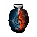 Men's Leisure Colorblock Fire and Water Music Note 3D Print Long Sleeve Black Hoodie