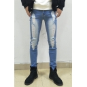 Mens Casual Street Ripped Destroyed Detail Washed-Denim Skinny Fit Jeans
