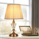 1 Head Tapered Table Lamp Traditional Clear Beveled Crystal Nightstand Light with Beige Fabric Shade