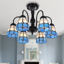 Stained Glass Blue Ceiling Flush Mount Grid Patterned 6/8 Lights Baroque Semi Flush Light for Living Room