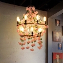 2 Tiers Restaurant Chandelier Lighting Fixture Industrial Metal 14 Bulbs Pink LED Drop Lamp with Cherry Blossom