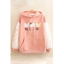 Preppy Style Japanese Letter Cats Printed Lace Up Colorblocked Long Sleeves Loose Fit Thick Hoodie