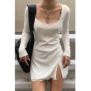 Sexy Plain Scoop Neck Long Sleeves Lace Panel Split Hem Mini A-Line Dress