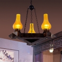 3 Lights Dining Room Chandelier Light Fixture Vintage Dark Wood Hanging Light with Vase Amber Crackle Glass Shade