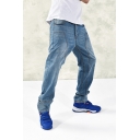 Cool Men's Plain Zipper Fly Loose Fit Straight Jeans in Light Blue