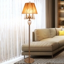 Empire Shade Living Room Floor Light Retro Fabric 3 Bulbs Beige Standing Lamp with Dangling Crystal
