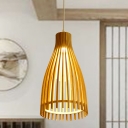 Chinese 1 Bulb Pendant Light Beige Trumpet Ceiling Suspension Lamp with Bamboo Shade