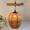 1 Head Restaurant Ceiling Lamp Asian Flaxen Pendant Light Fixture with Urn Rattan Shade