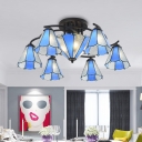 Stained Glass Conical Semi Mount Lighting Baroque 9/11 Lights Light Blue and White/Blue Ceiling Light Fixture