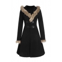 Winter Fashion Long Sleeve Alloy Leather Buckle Long Sleeves Fur Trim Longline Hooded Wool Coat