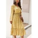 Stylish Street Female Long Sleeve V-Neck Button Front All-Over Floral Printed Ruffle Trim Pleated A-Line Dress